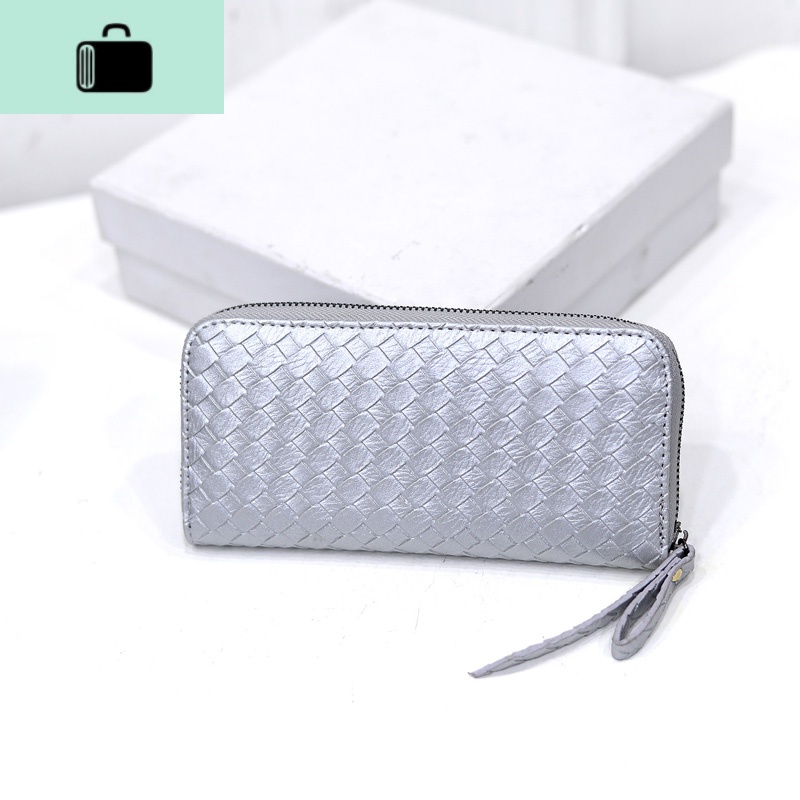 2020女士长款钱包新款潮卡位编织纹钱包日韩时尚三折女款皮夹钱夹NEW LAKE 银色