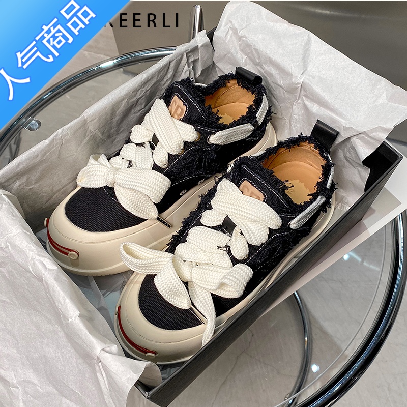 SUNTEK檀健次同款帆布鞋女2023春夏新款百搭小众厚底开口笑情侣休闲板鞋高清大图