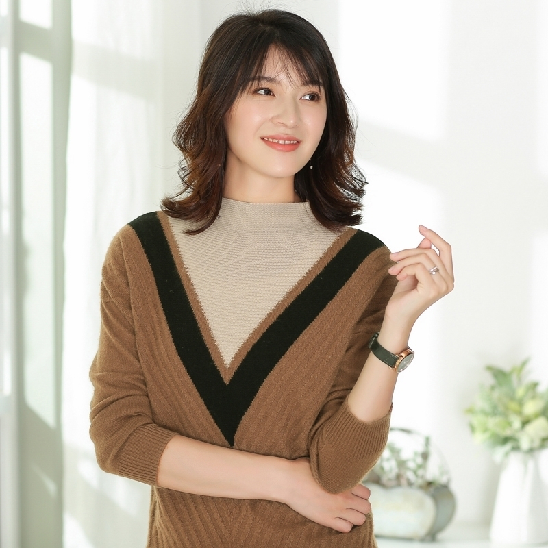 2017秋冬季新款羊绒衫女装高领修身混色条纹韩版加厚针织衫
