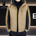 花花公子新款高品质冬季新款户外防寒服三防连帽拼接加厚羽绒棉男装夹克外套 5XL 卡其色