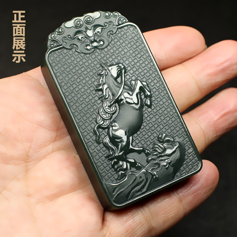 新疆和田玉青玉细料马牌男士女士玉吊坠双面生肖马玉坠玉石玉挂件