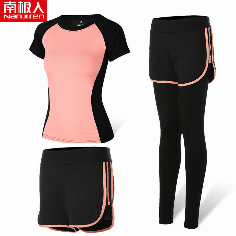 瑜伽服运动套装女春夏健身服跑步锻炼衣修身显瘦网红潮 瘦腰纯橘【短裤+短袖+长裤】 M【建议85-95斤】