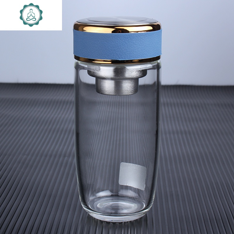 玻璃杯男女加厚便携耐热大容量杯子个性有盖封后蓝色320ml加茶隔视频