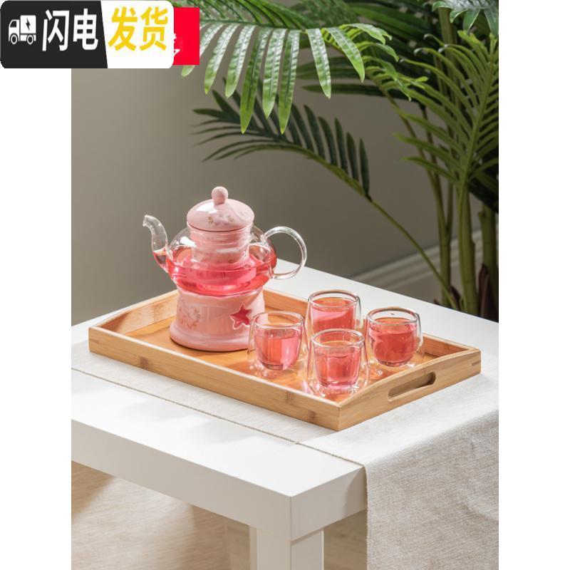 三维工匠陶瓷花茶壶下午茶具玻璃花水果花果茶壶女养生耐热蜡烛加热套装 樱花(白壶)+4蛋形小杯+白底座+C款托盘