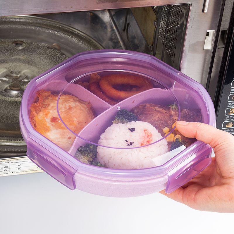 圆形饭盒950ml麦色带勺 爱思得微波炉加热饭盒保鲜便当盒上班族大容量分隔塑料碗带盖带