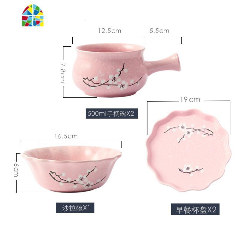 日式陶瓷早餐具套装家用雪花盘子可爱碗碟饭碗带手柄泡面碗 FENGHOU 雪花(粉色)五件套 5件高清大图
