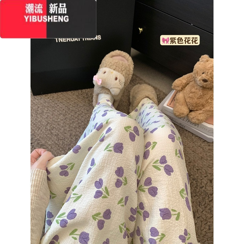 YIBUSHENG趣味卡通印花休闲裤睡裤女季高腰直筒宽松阔腿裤遛弯裤显瘦长裤