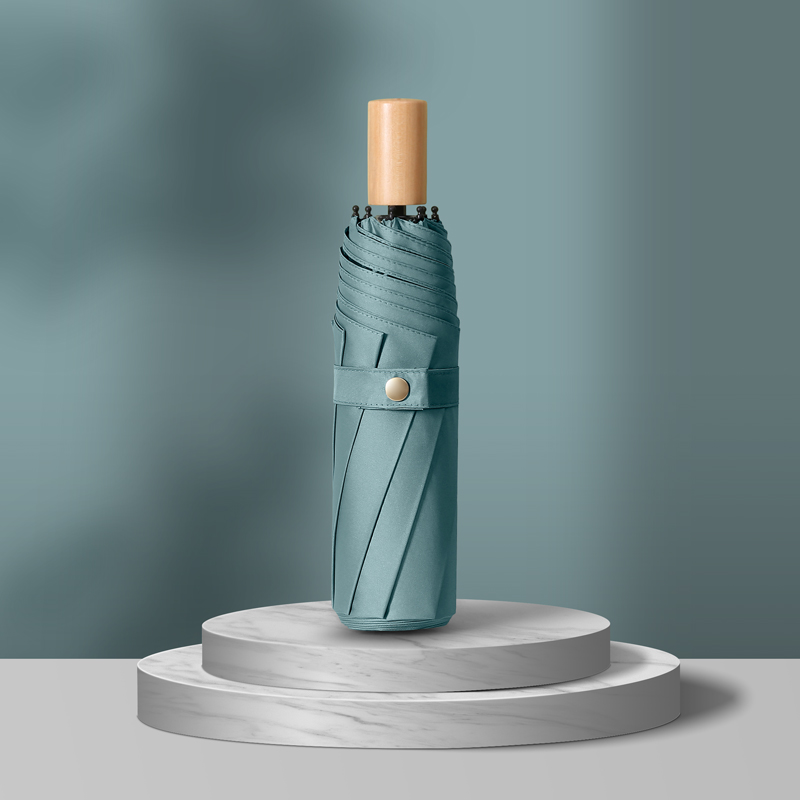 旭晴三折手开黑胶防晒清新小木柄晴雨伞 橄榄绿