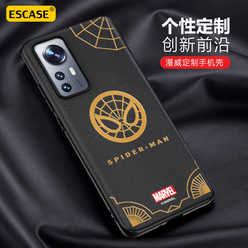 ESCASE 小米12系列手机壳12X蜘蛛侠精美布艺手机保护壳漫威英雄硅胶全包磨砂软壳防摔抗黄变黑色商务适用