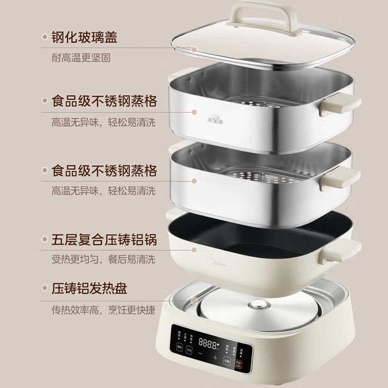 美的(Midea)多功能锅家用电蒸锅电煮锅电火锅三层大容量不锈钢分体式猛火可拆洗ZGC282802图片