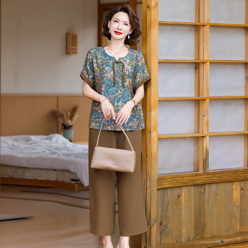纤孜雅 中老年女装洋气妈妈夏装套装短袖2025新款夏季宽松大码上衣两件套高清大图