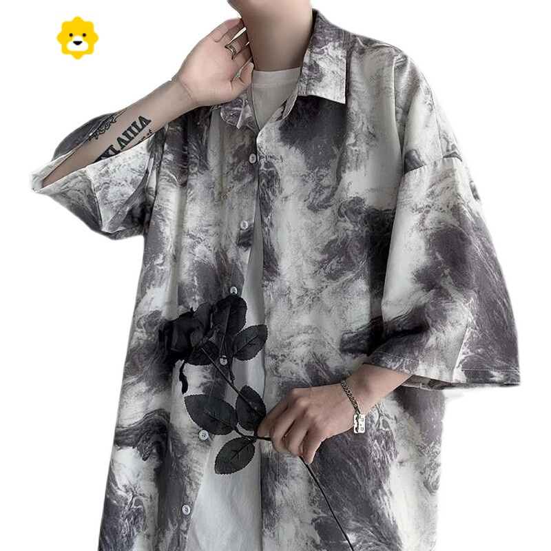 fish basket胖子冰丝半袖衬衫男大码新款季痞帅短袖花衬衣宽松潮流五