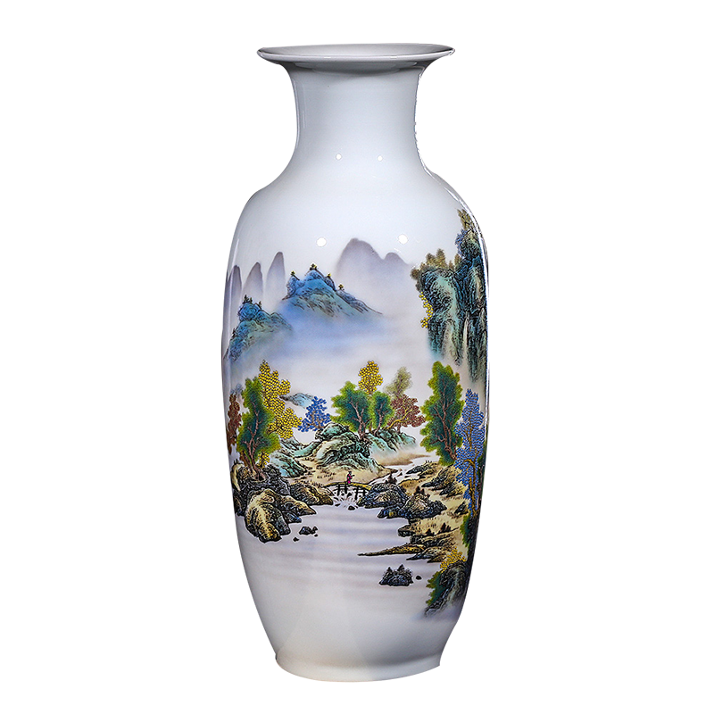瓷物语工艺品摆中式花瓶件仿古现代新花插客厅家居装饰山川秀色冬瓜瓶送底座