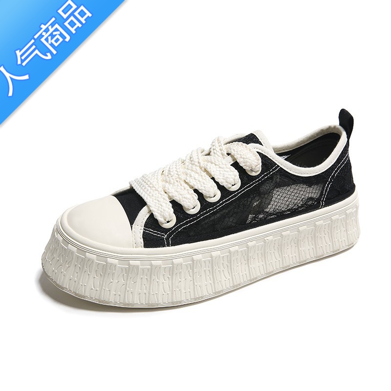 SUNTEK黑色帆布鞋女鞋2023新款夏季薄款透气网面休闲厚底蕾丝饼干鞋高清大图