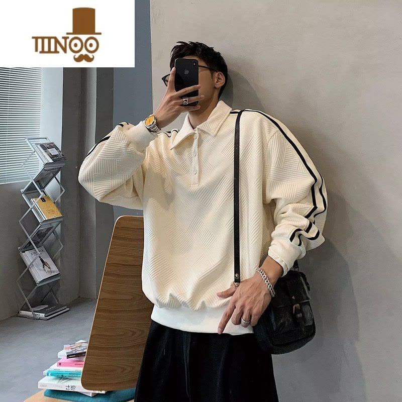 YANXU2022秋季新款翻领长袖polo衫男ins撞色条纹翻领套头卫衣oversize图片