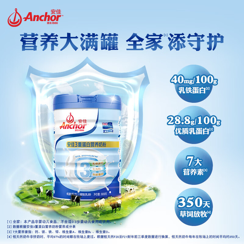 安佳(Anchor)低脂3重蛋白 成人奶粉800g罐装 新西兰进口奶源 含乳铁蛋白 添加维生素