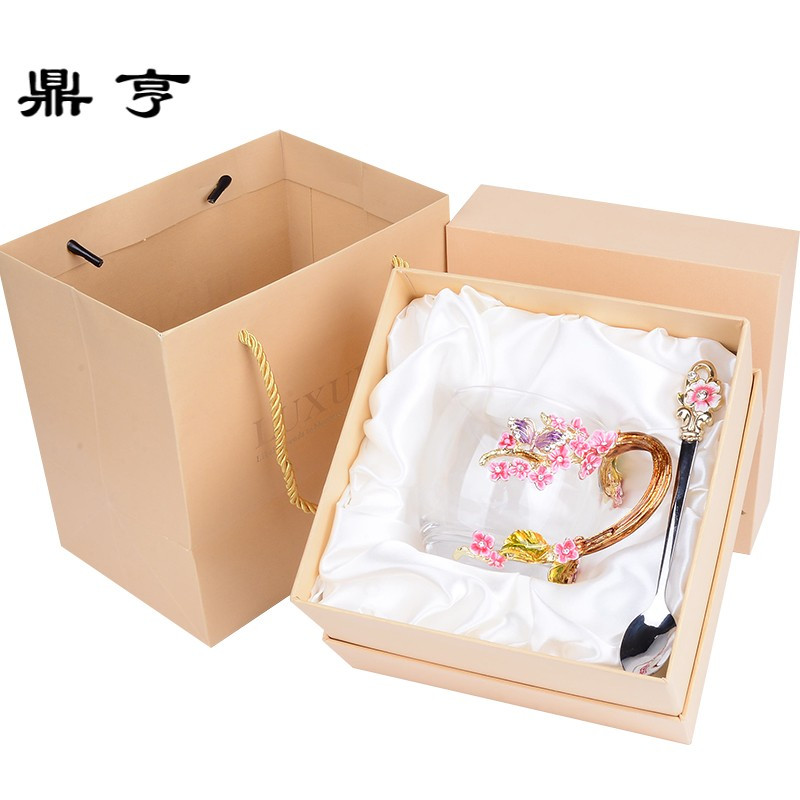 鼎亨创意粉兰梅珐琅彩花茶杯果汁杯子家用耐热玻璃水杯咖啡杯