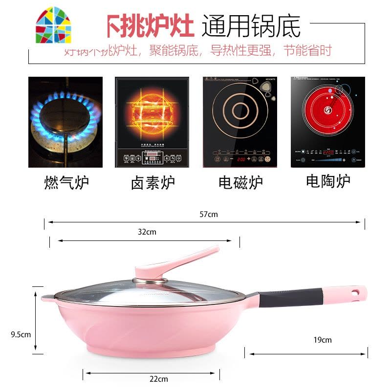 韩国粉锅不粘锅炒锅无油烟汤锅蒸锅燃气电磁炉适用 FENGHOU 红色炒锅30CM硅胶锅铲图片