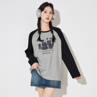 [2.5折价67元]唐狮秋新款潮牌长袖T恤女撞色拼接圆领插肩袖上衣女休闲宽松