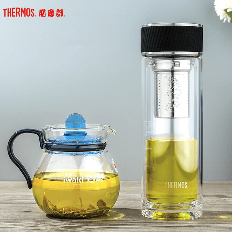 膳魔师（THERMOS）耐热玻璃杯男女双层泡茶水杯子TCGA-400S深灰套组