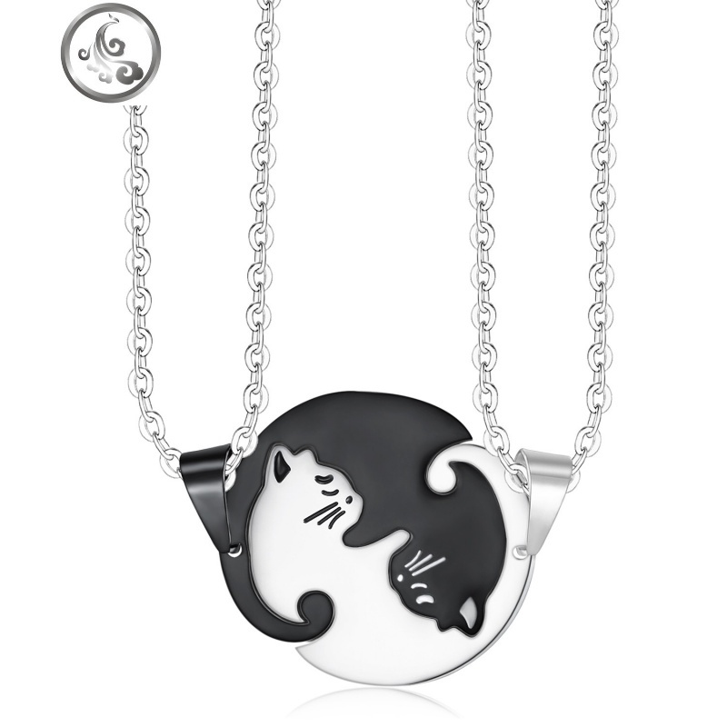 闺蜜拼接项链2人女二人款双人一对友谊姐妹信物学生可爱森系 黑白猫金属项链一对