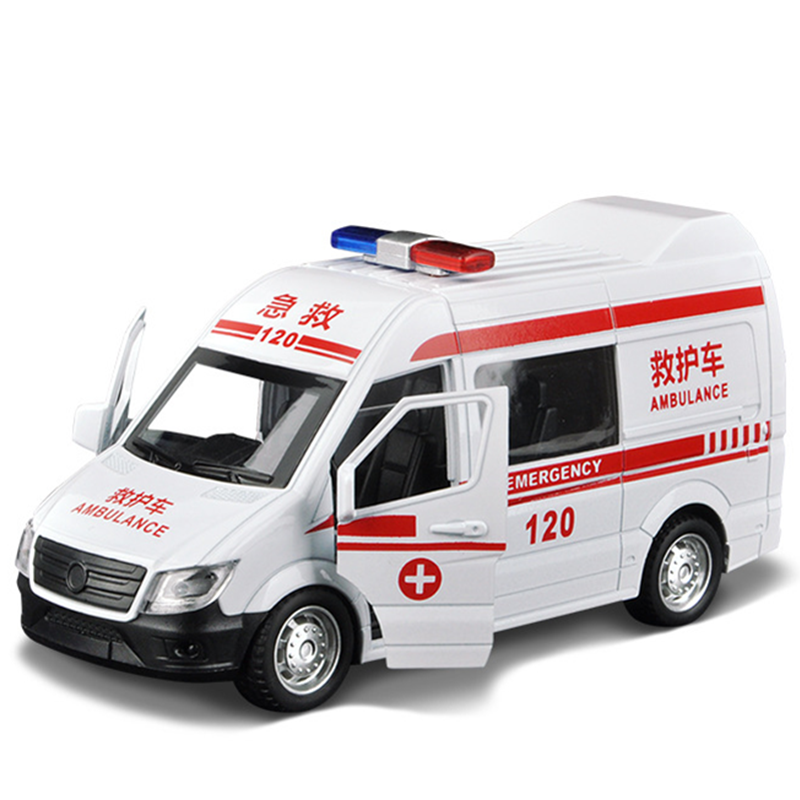 声光合金车大号合金救护车模型 车门可开回力声光仿真120急救玩具车