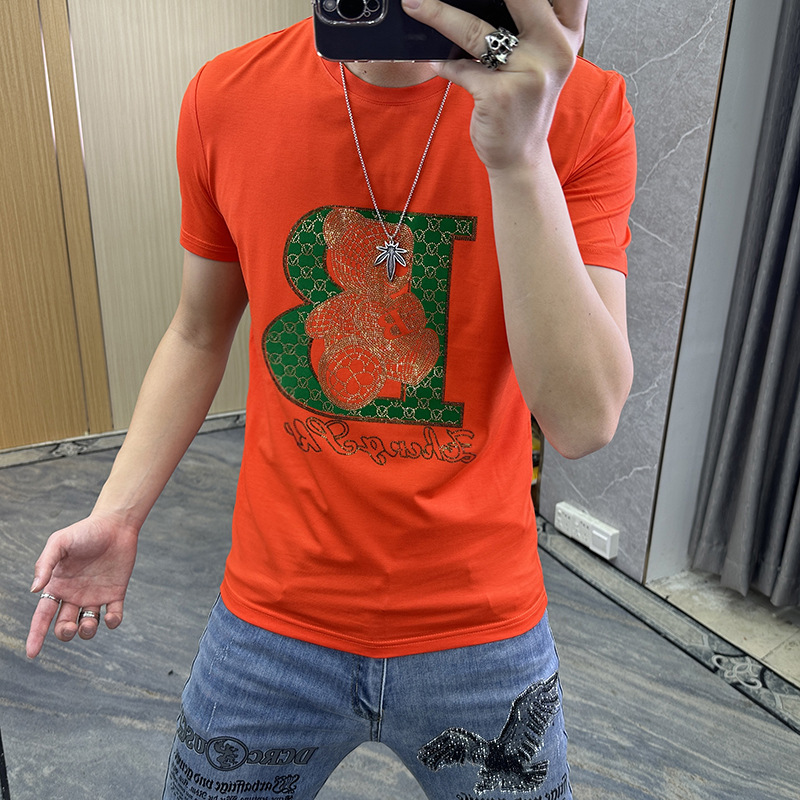 夏季新款男士短袖T恤卡通烫钻小熊圆领半袖衫丝光棉体恤时尚