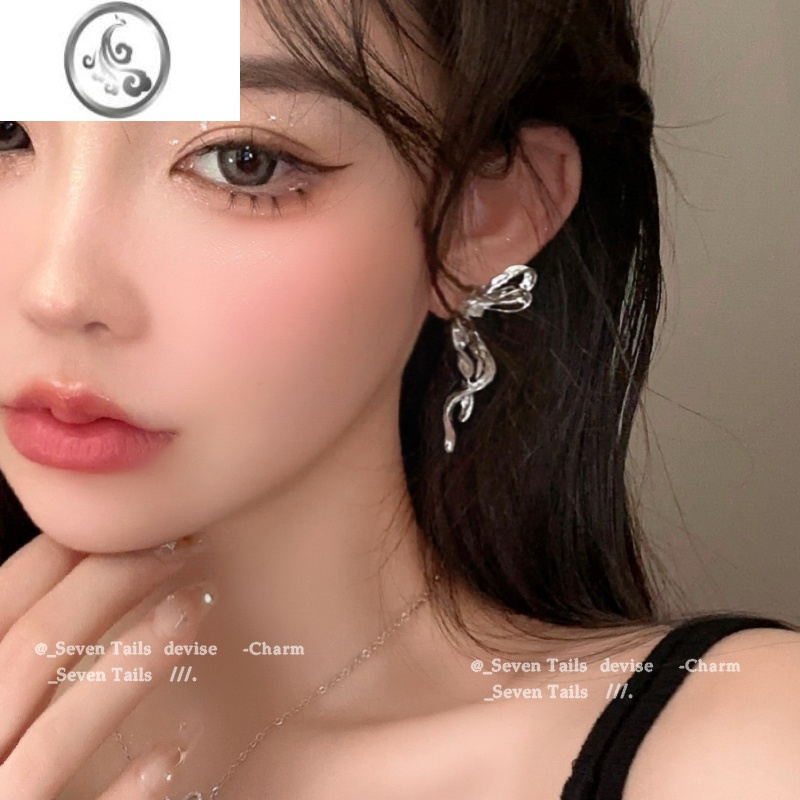 JiMi甜辣风金属半边蝴蝶结耳环女个性夸张长款冷淡风耳钉网红新款耳饰