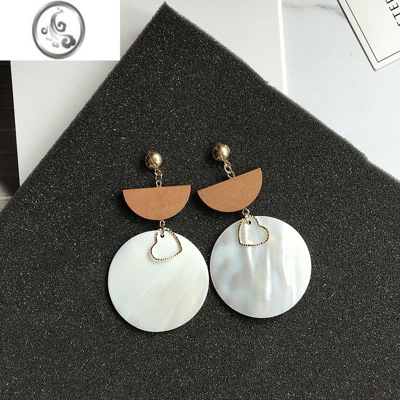 JiMiBY简约气质贝壳圆片耳环镂空长款耳坠耳钉无耳洞耳夹配饰品图片