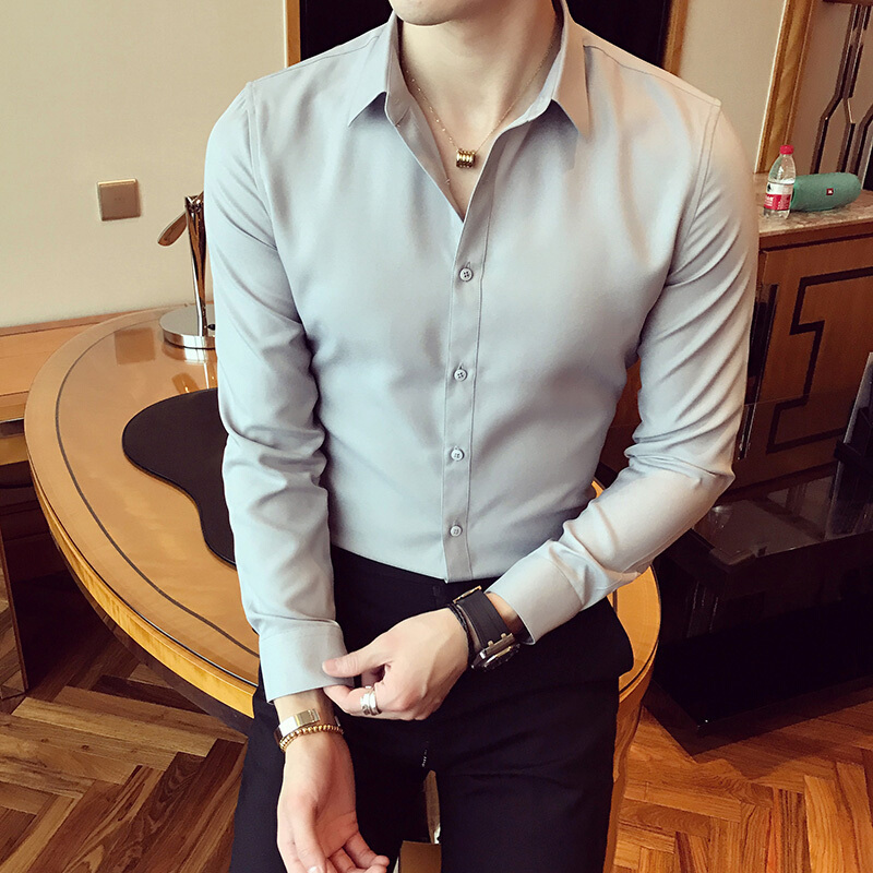 男士休闲潮流衬衫衣商务衫打底衬衣男长袖修身型韩版百搭帅气