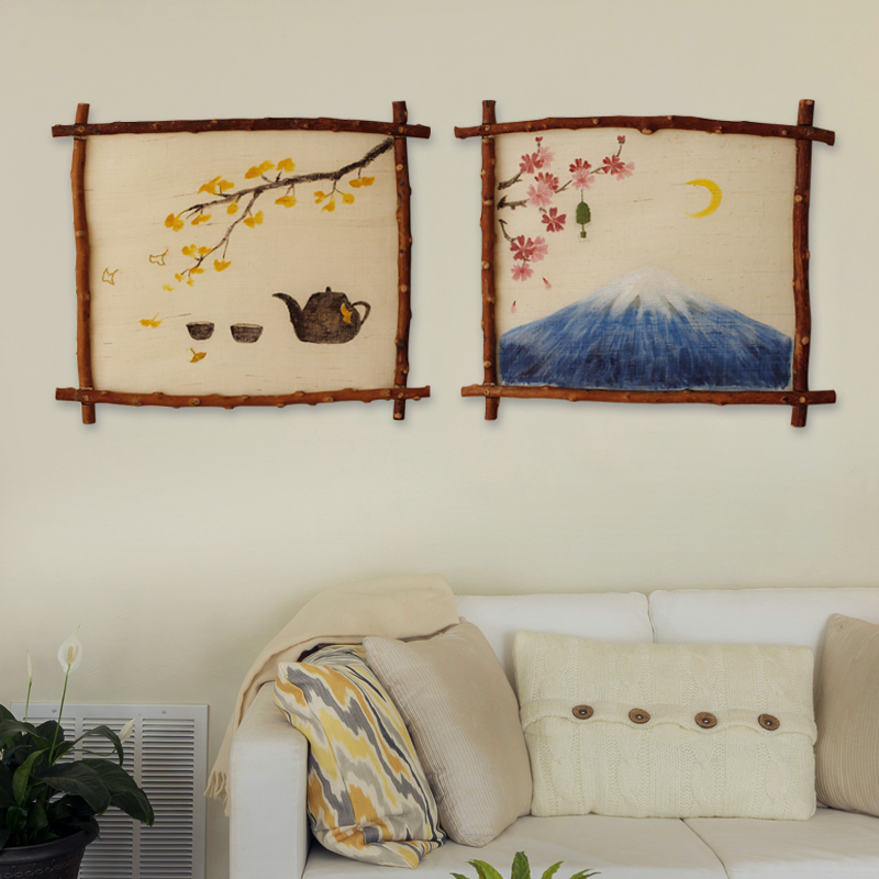 蓝言日式和风手绘墙面装饰手工苎麻壁饰饭店客厅民宿客栈挂画