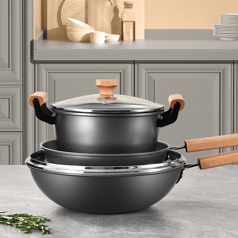 康巴赫乐享麦饭石色三件套 LPB-T03L 炒锅32cm+煎锅26cm+汤锅22cm