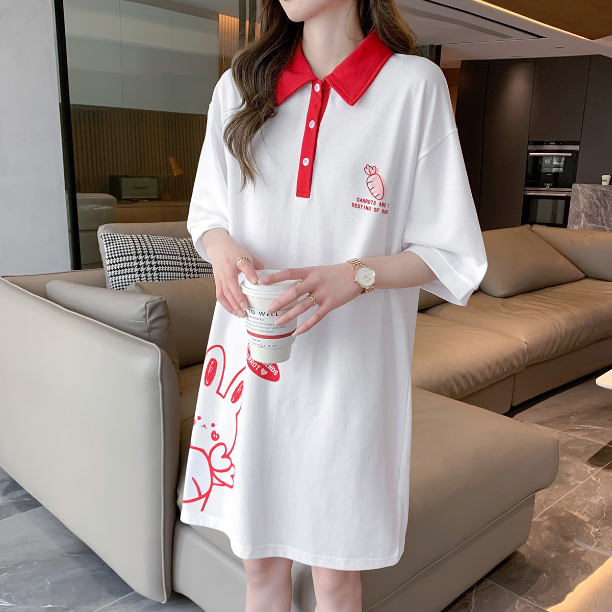 [2.5折价64元]唐狮夏季连衣裙女撞色polo领可爱印花短袖t恤裙