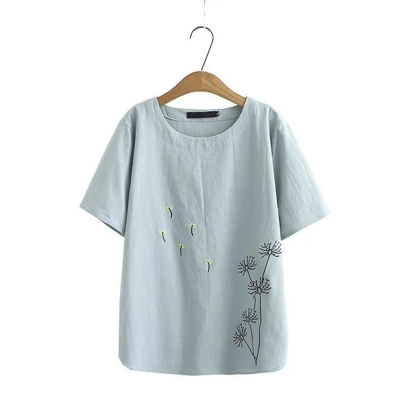 仿棉麻短袖t恤女妈妈装宽松2022夏季新款文艺绣花中年大码女上衣 莎丞