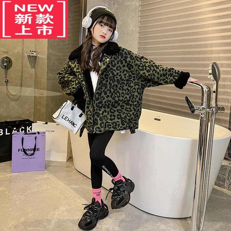 可莉允女大童秋冬外套2022新款网红炸街时髦保暖棉服豹纹女童厚款派克服图片