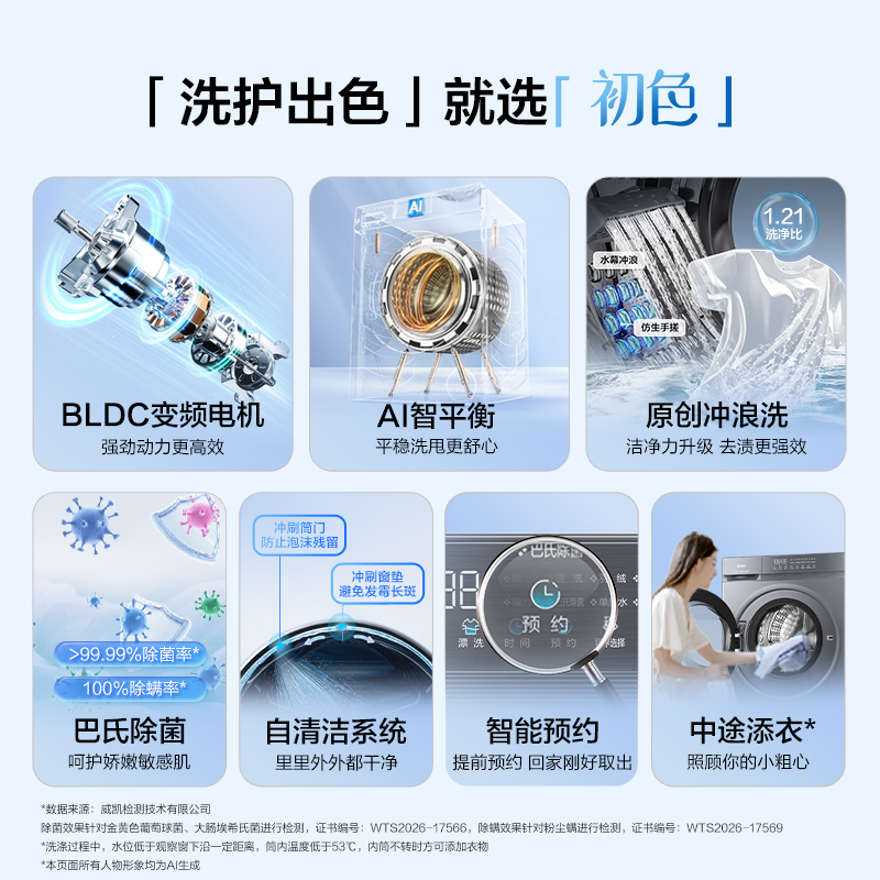 海尔(Haier)初色系列 变频 滚筒洗衣机 超薄机身 巴氏除菌 六维减震 1.21洗净比 XQG100-2AD1高清大图
