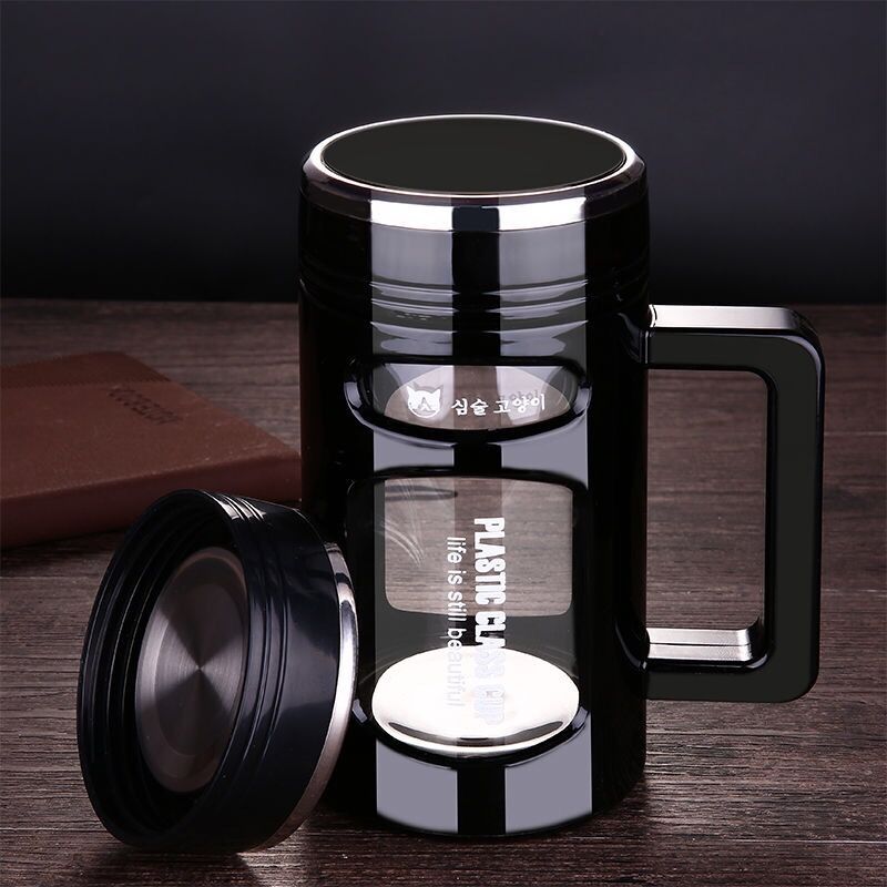 商务高档大容量带把玻璃水杯双层办公杯茶杯便捷男女耐热防摔杯子