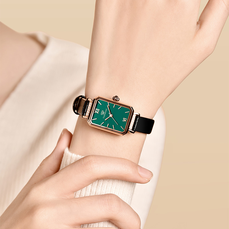 天王女士手表石英表轻奢复古小绿表防水皮带女表送女友老婆生日礼物推荐31283高清大图