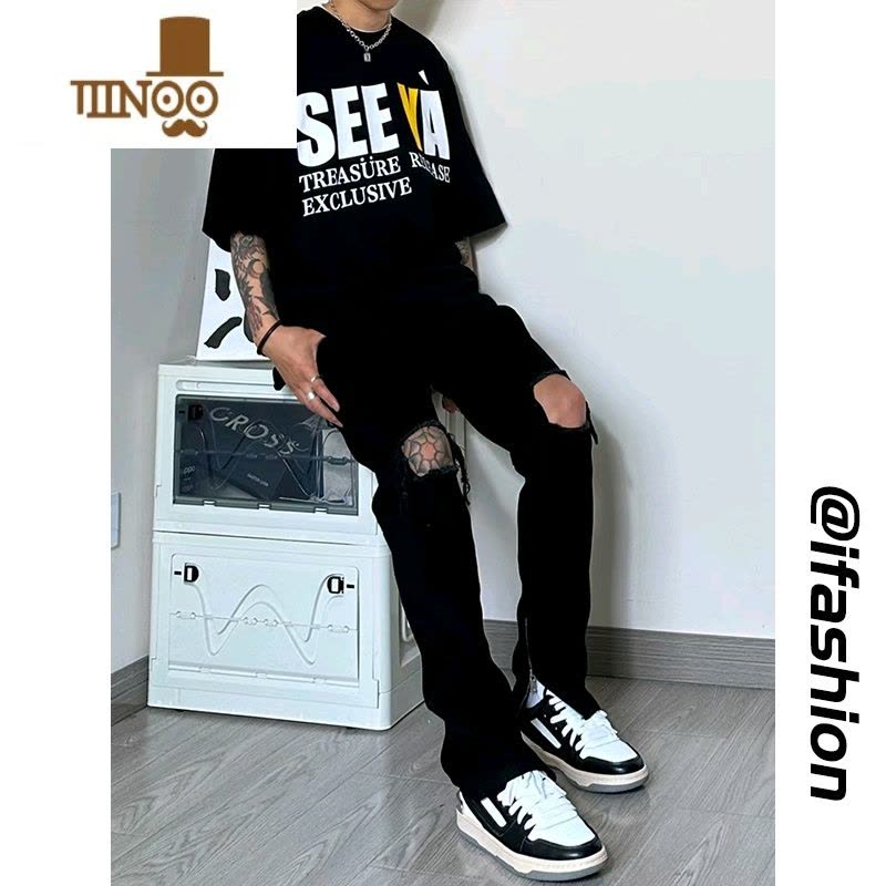 YANXU乞丐破洞牛仔裤男生黑色直筒修身长裤美式高街拉链开叉裤子图片