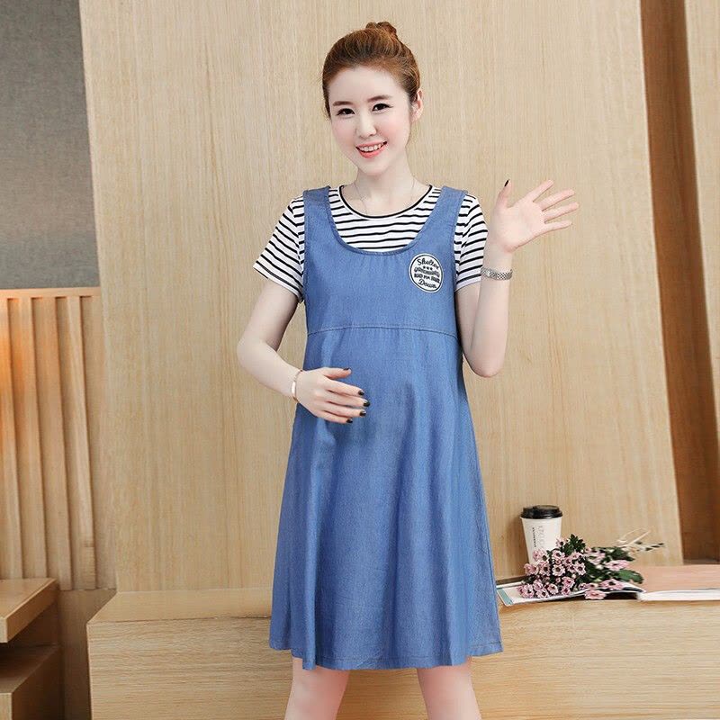 迪鲁奥(DILUAO)哺乳衣外出夏透气孕妇装夏装2021新款孕妇连衣裙中长款时尚潮妈孕妇裙子夏季宽松 蓝色两件套图片