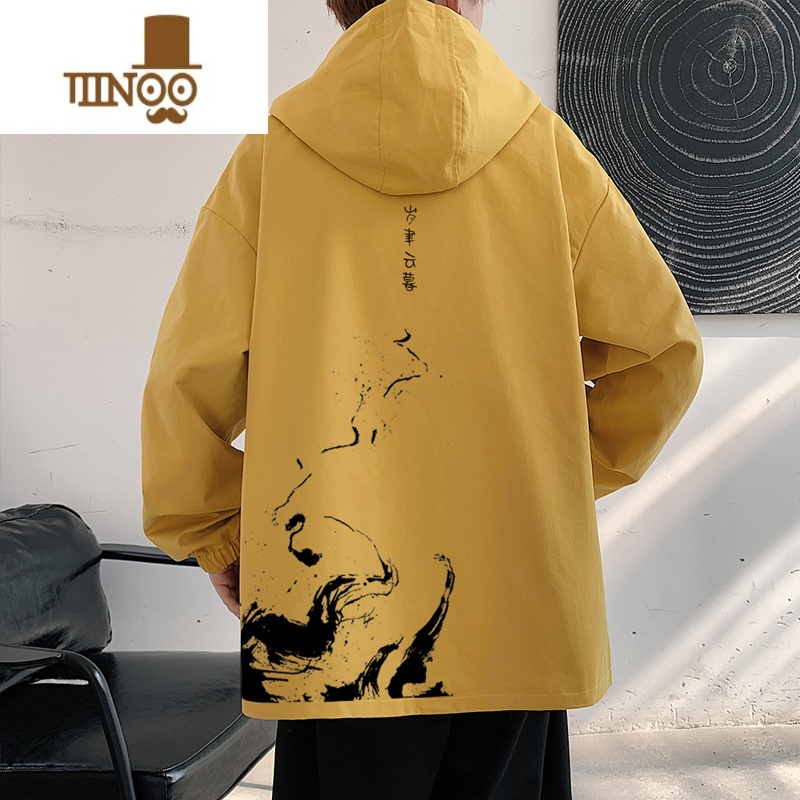 YANXU国潮港风撞色泼墨连帽夹克男2023新款青少年男装帅气学生外套高清大图