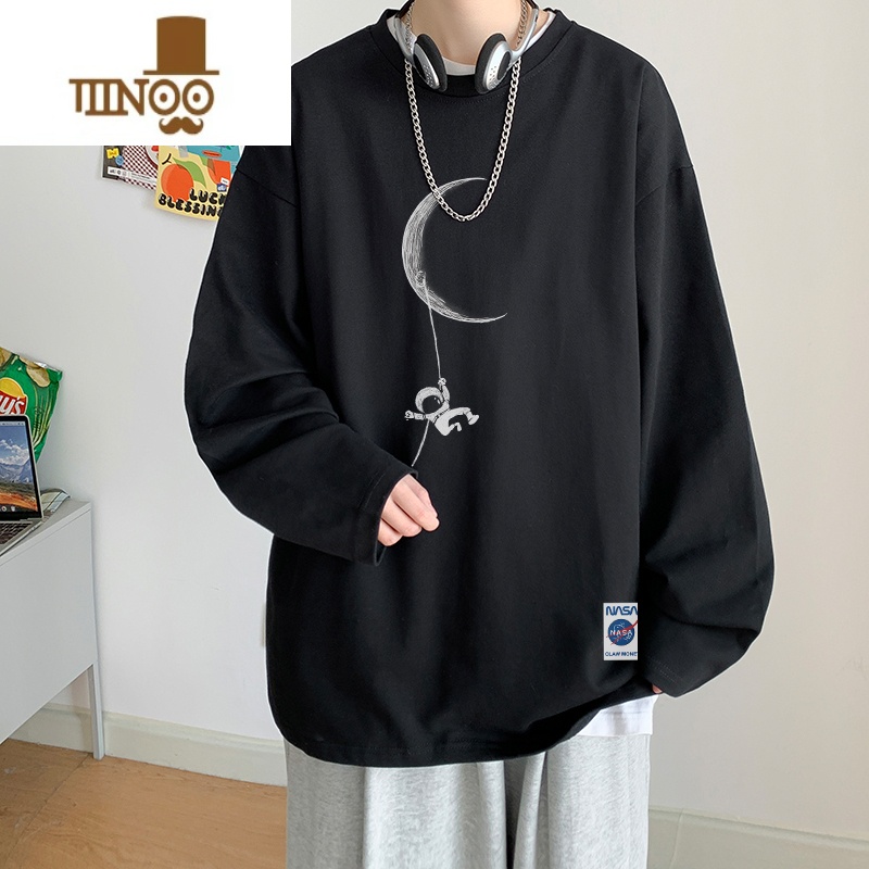 YANXU小清新长袖T恤男生cityboy百搭打底衫宇航员盐系宽松上衣服
