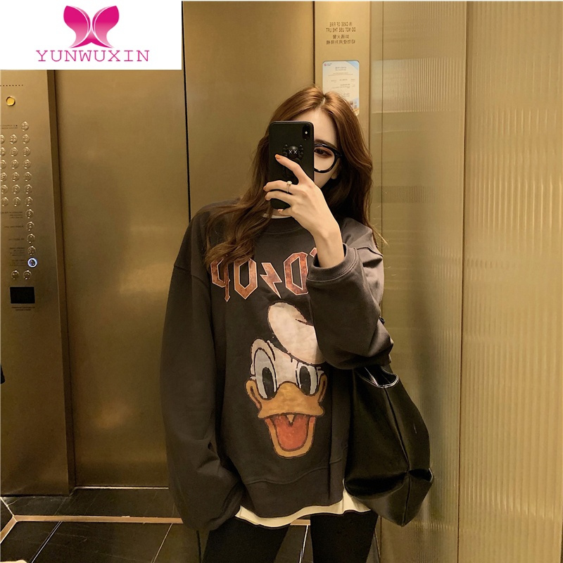 YUNWUXIN假两件加绒加厚遮屁股唐老鸭小个子无帽卡通宽松上衣卫衣