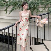 权小威 法式复古玫瑰印花吊带连衣裙中长款过膝修身打底裙女