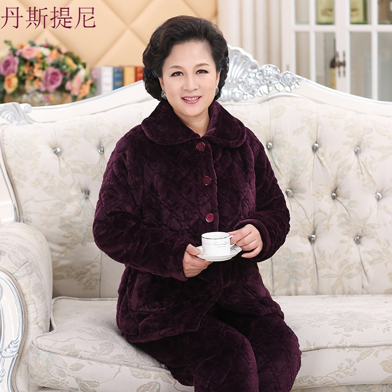 中老年人睡衣女冬季加厚绒三层夹棉珊瑚绒法兰绒套装妈妈家居服秋