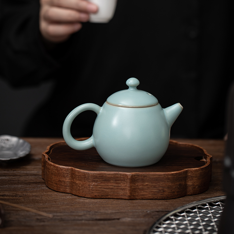 苏氏陶瓷(SUSHI CERAMICS)汝窑泡茶壶开片可养金线汝瓷龙蛋茶壶礼盒装200ml