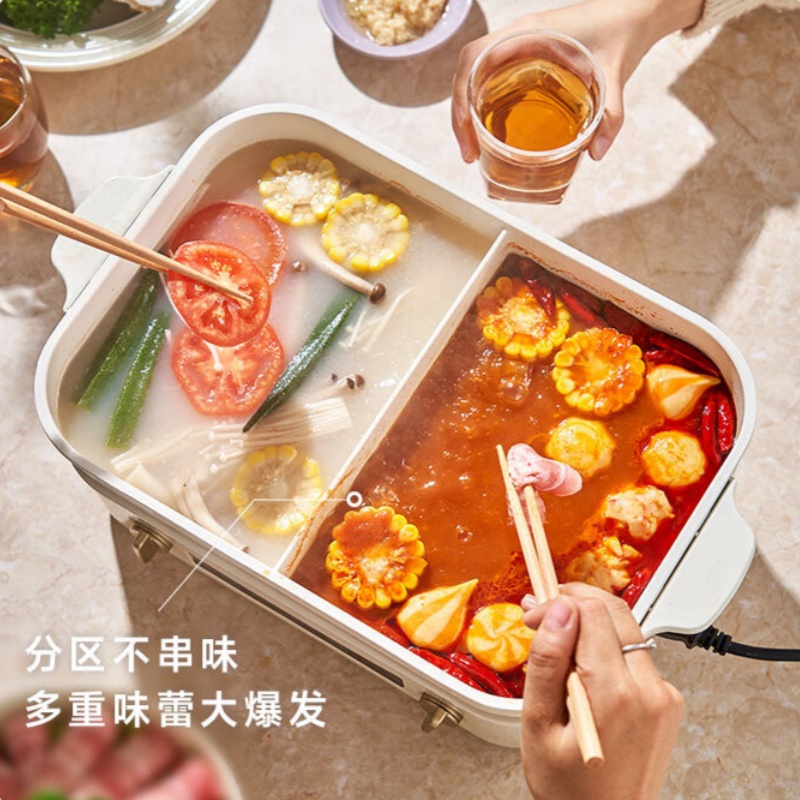 BRUNO第二代多功能料理锅鸳鸯火锅蒸煮炒煎涮一体机家用电烤肉锅 5L 经典白[条纹烤盘标配]BOE123-WH高清大图