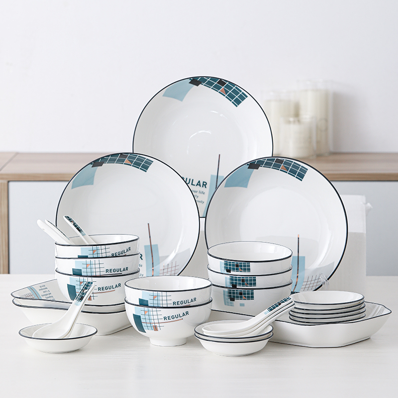 苏氏陶瓷(SUSHI CERAMICS)餐具套装 城市方格韩日小清新陶瓷碗盘勺子鱼盘30头餐具套装