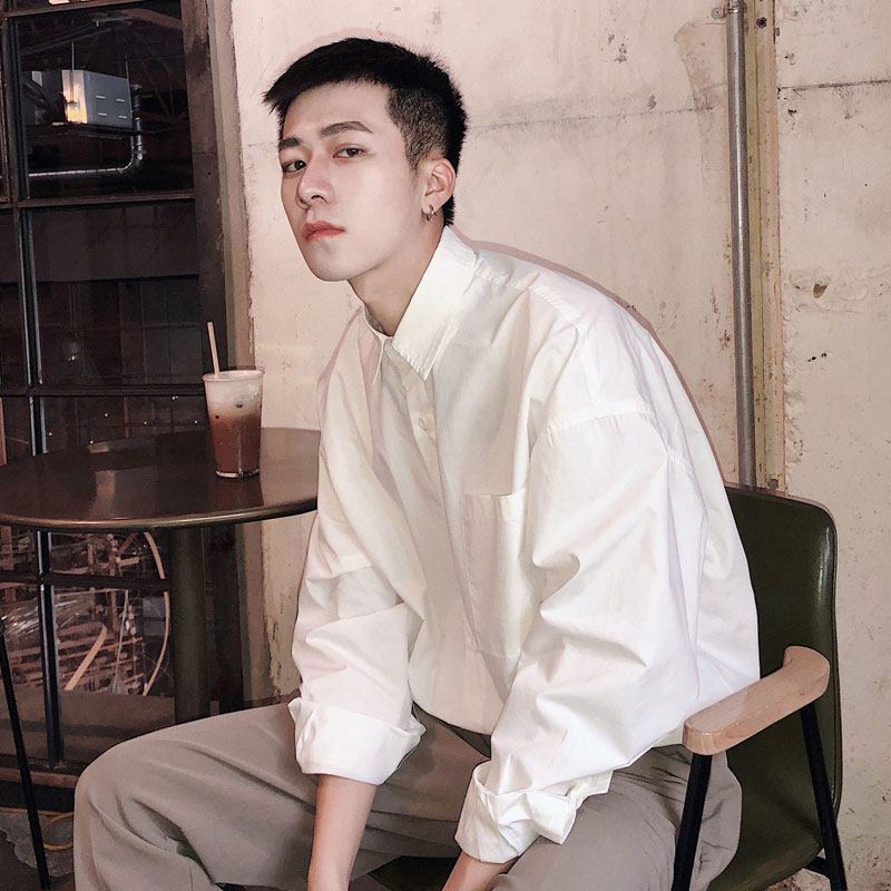 梵克公牛白衬衫宽松男原宿风长袖衬衣韩版流上衣痞帅港风帅气