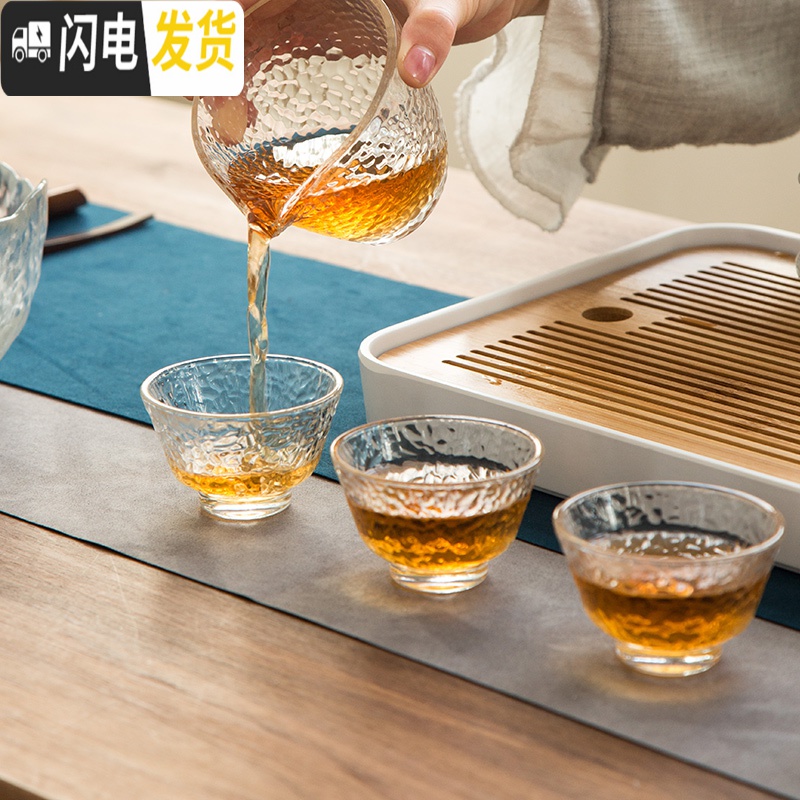 三维工匠日式耐热锤纹玻璃茶具套装功夫茶具家用整套泡茶壶盖碗茶杯冲茶器 描金《冰纹手抓壶》10件套+茶洗高清大图